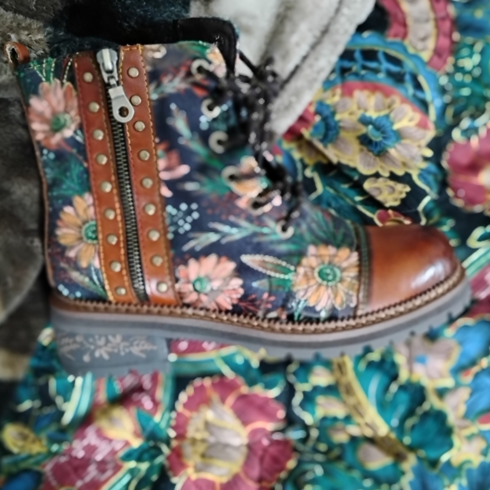 Spring Step Floral Combat Boots with Brown Accents